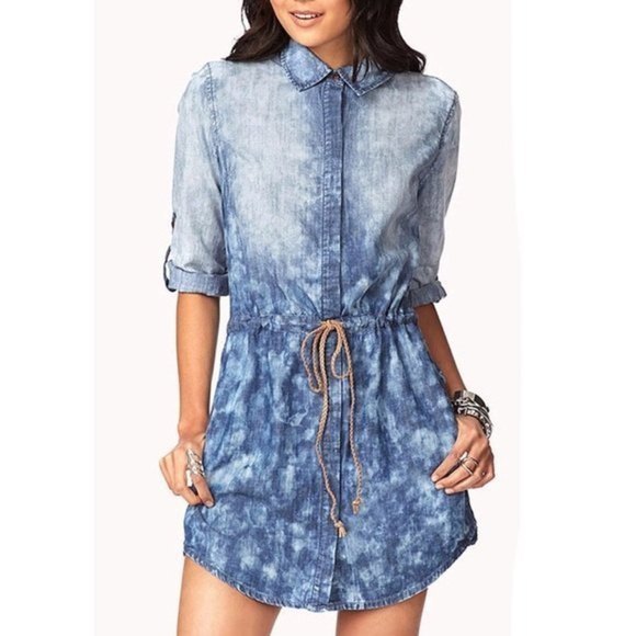 𝅺Life in Progress LARGE Urban Outfitters Blue Acid Wash Shirt dress Boho Belted - Picture 3 of 12